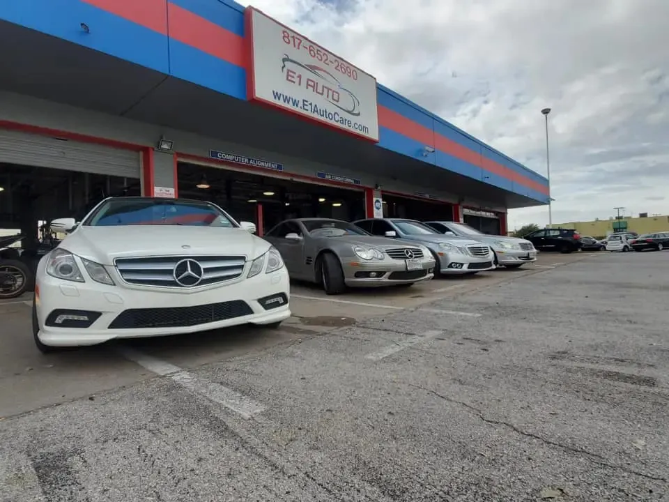 E1 Auto Care shop front with Mercedes vehicles
